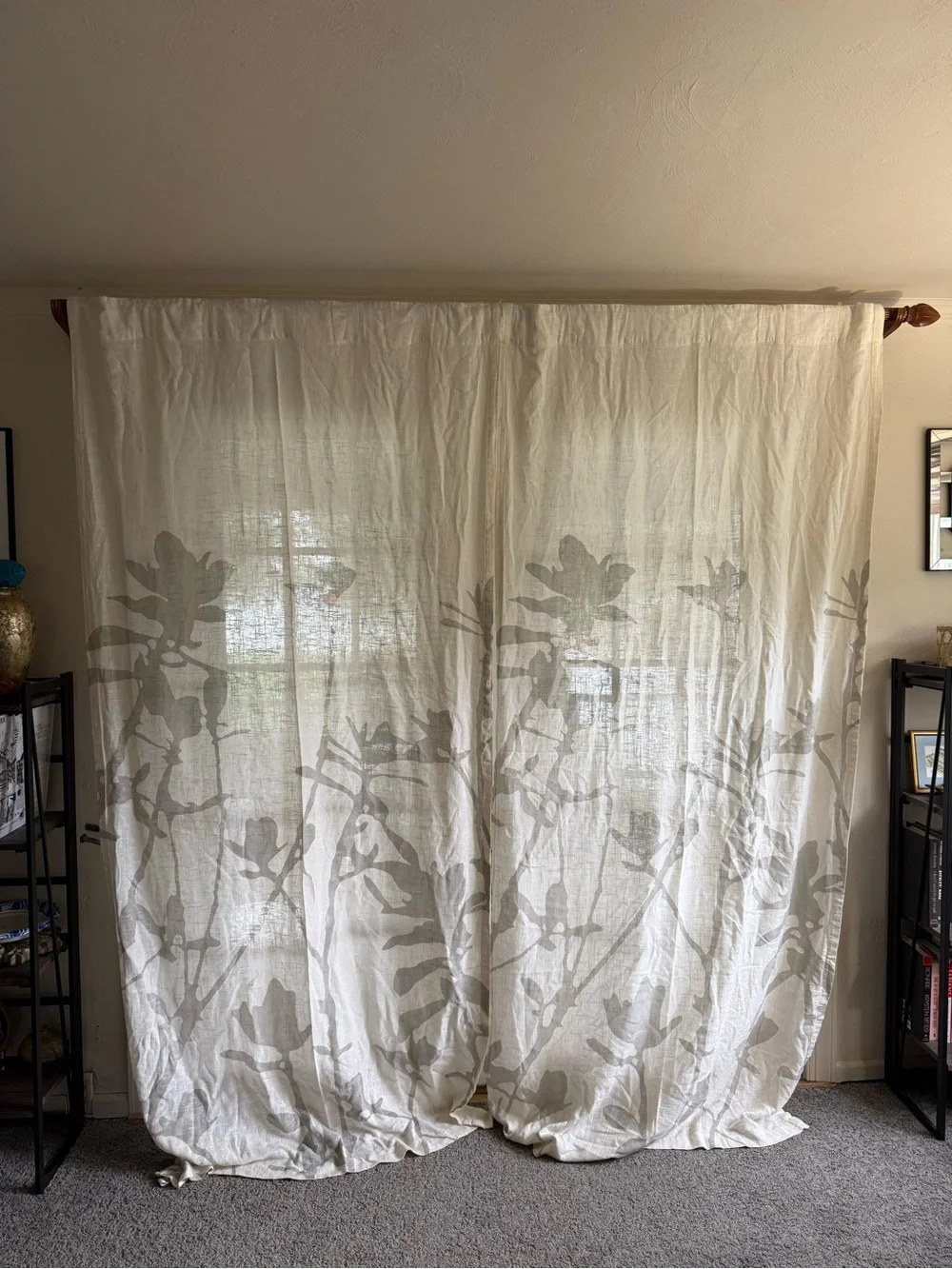 West Elm Cream Curtains Taupe Botanical Motif linen cotton 48x96/2 panels *flaw*